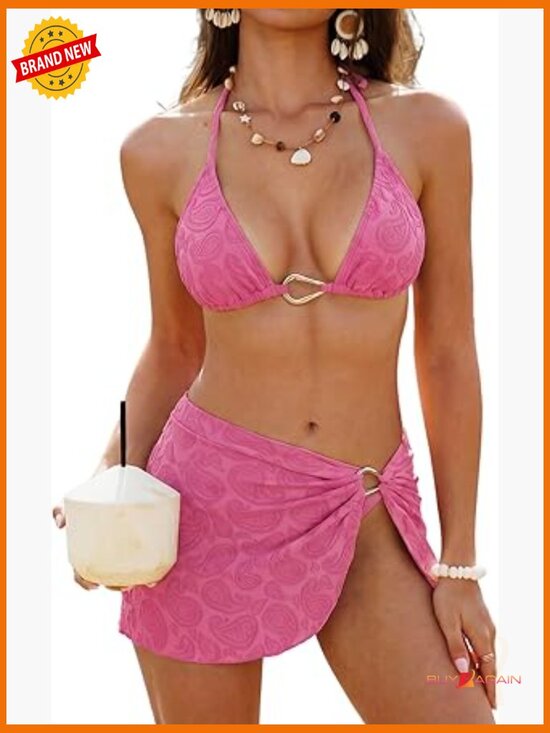 Other - 3 Piece Bikini Set with Cover Up Skirt Halter Tie Side